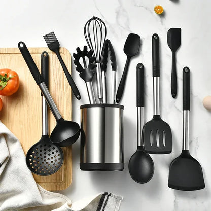 Silicone Kitchen Utensil Set 12 Piece Non-Stick Cooking Tools with Storage Bucket
