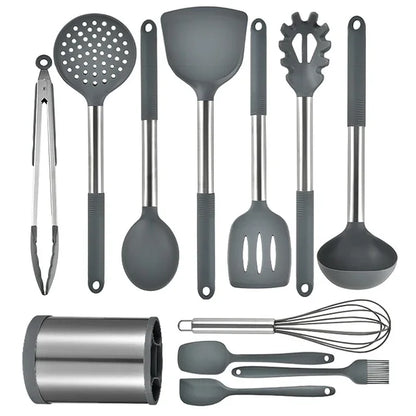 Silicone Kitchen Utensil Set 12 Piece Non-Stick Cooking Tools with Storage Bucket