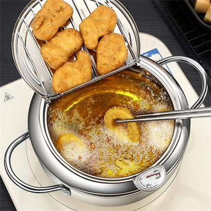 Deep Frying Pot with Thermometer and Lid Stainless Steel Tempura Fryer Pan 20-24cm