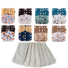 Reusable Cloth Nappies – One Size Adjustable Pocket Diapers with 8 Bamboo Inserts | Washable Baby Nappy Set